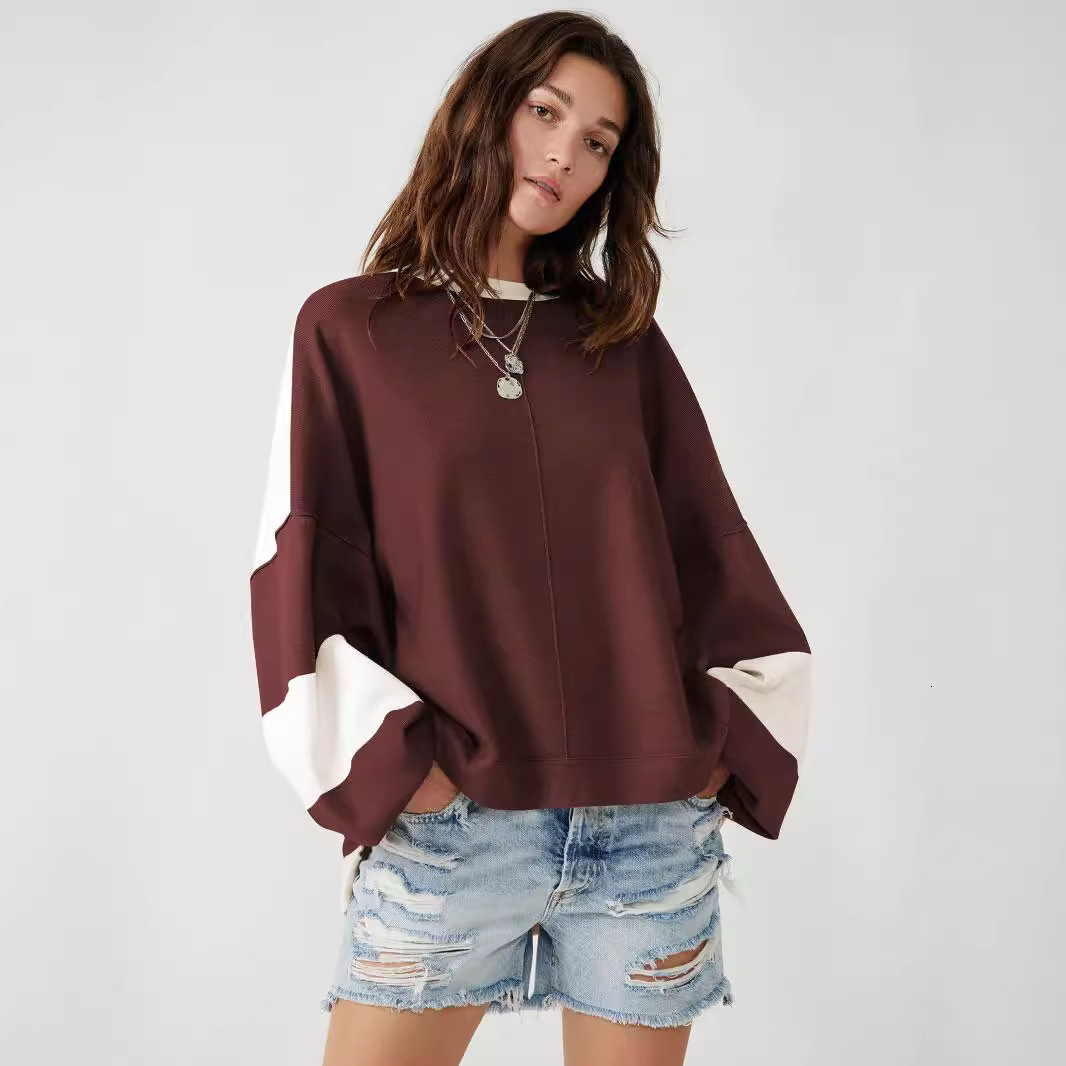 Stylish design with long sleeves loose stitching, contrasting color hoodie, fashionable round neck, autumn and winter women's clothing F8.2#52