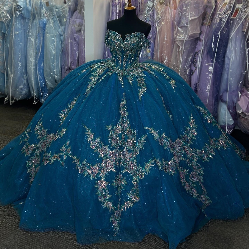 Blue Shiny Off The Shoulder Gown Quinceanera Dresses Appliques Lace Beaded Sweet 16 Birthday Party Gowns Robe De Ball