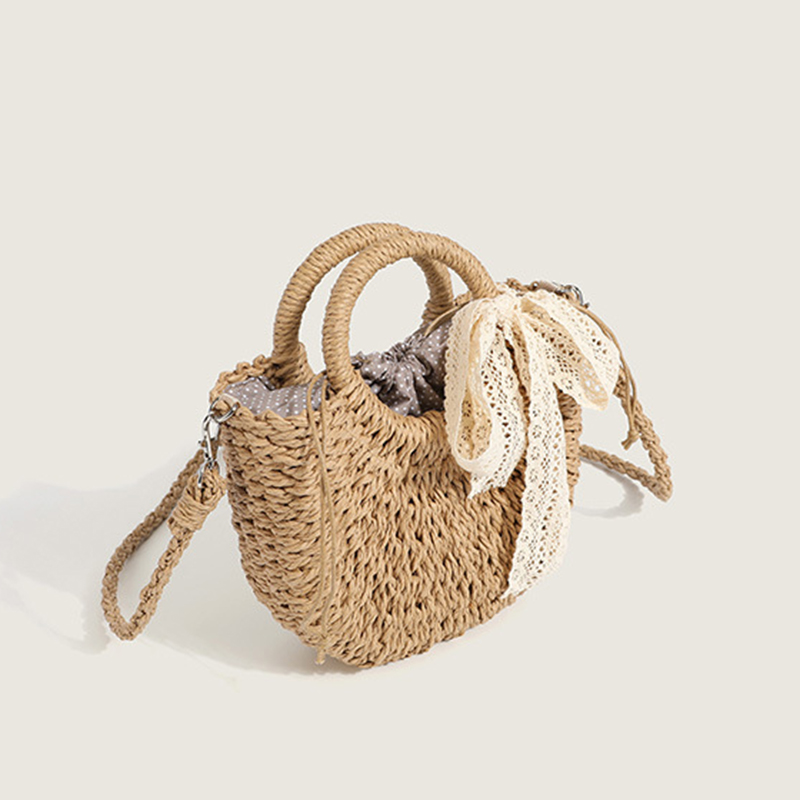 Summer New Simple Handheld Straw Woven Bag Women's Personalized Solid Color Half Round Shoulder Crossbody Travel Vacation Bag
