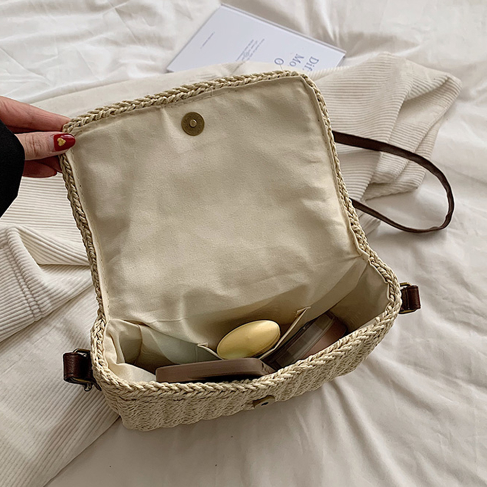 Women Weave Straw Bag Summer Straw Beach Bag Vintage Small Square Satchel Bag Adjustable Strap Handmade Travel Flap Bag