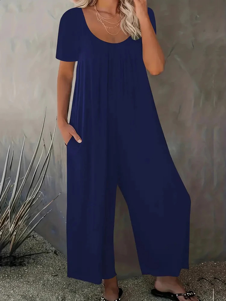 Summer Chic Solid Color Casual Jumpsuit Crew Neck Short Sleeve Wide Leg Long Pant with Pockets Versatile Outfit Womens Clothing 240802
