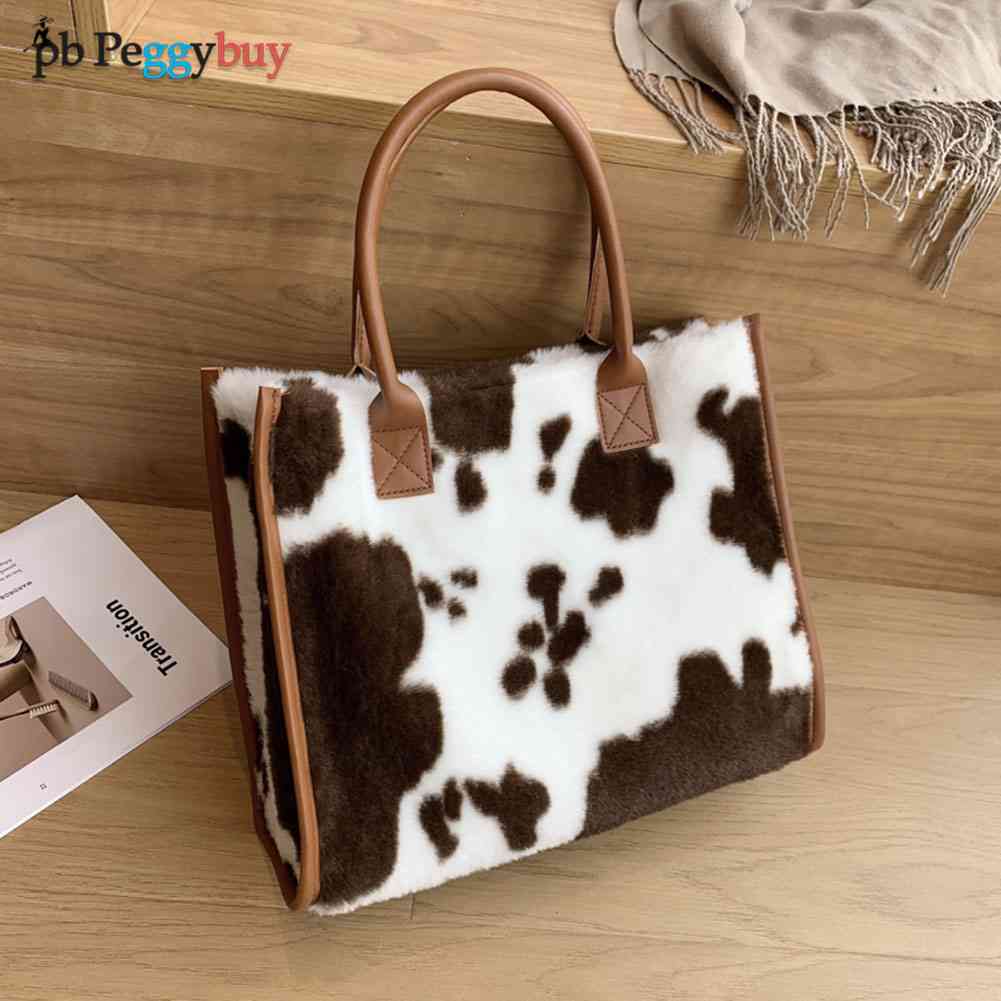 Fashion Women Top-Handle Bags Retro PU Leather Plush Cow Leopard Print Tote Bag Vintage Large Capacity Lady Shopping Handbag
