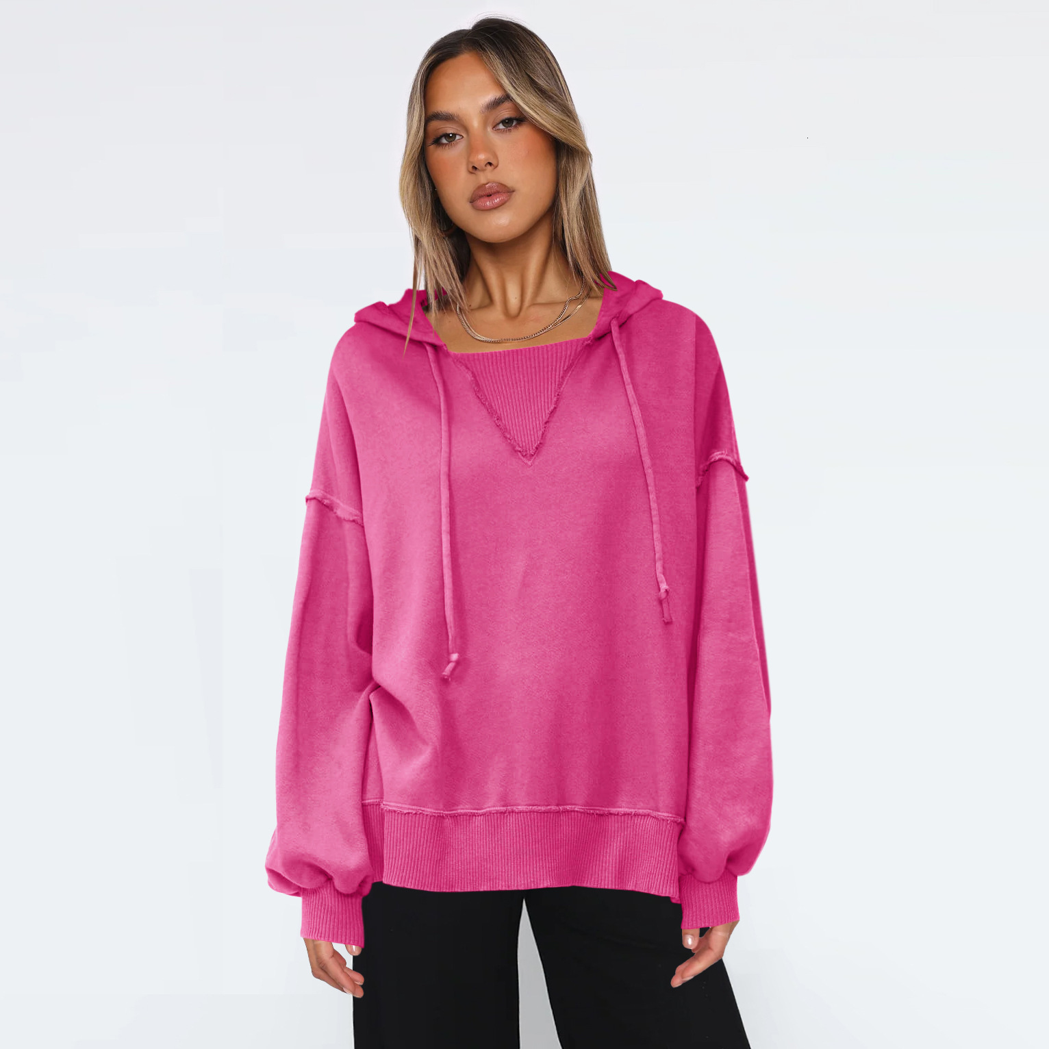 Solid color drawstring hooded sweatshirt with slit fashion trendy brand long sleeved top baseball jersey F8.2#53