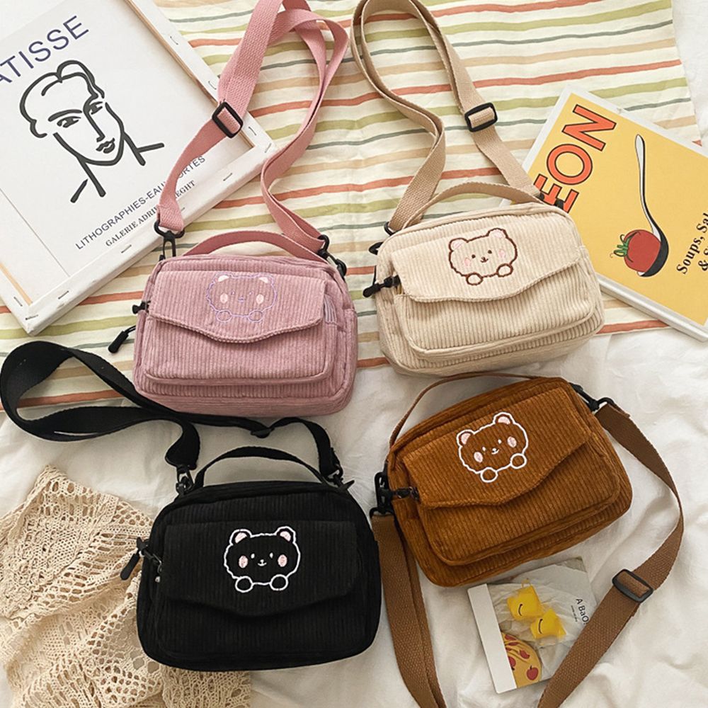Fashion Women Corduroy Cartoon Bear Print Shoulder Bags Student Tote Messenger Bag Satchel Travel Handbags