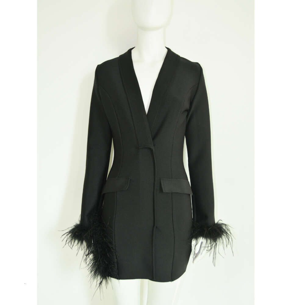 New womens long sleeved ostrich fur style Fashion elastic socialite suit dress evening dress short skirt