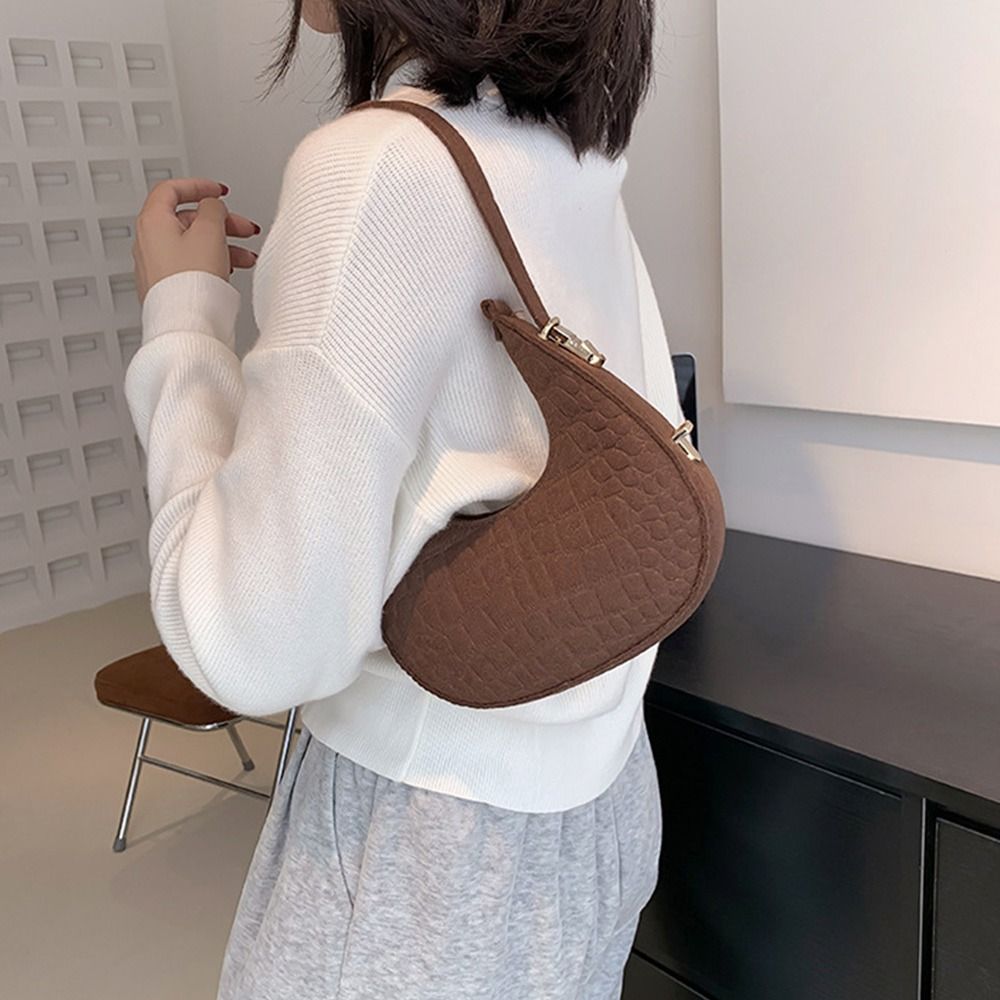 Crocodile Grain Women Handbag Solid Color Casual Mini Underarm Bag Female Cute Felt Shoulder Pouch Female Half Moon Tote Bags