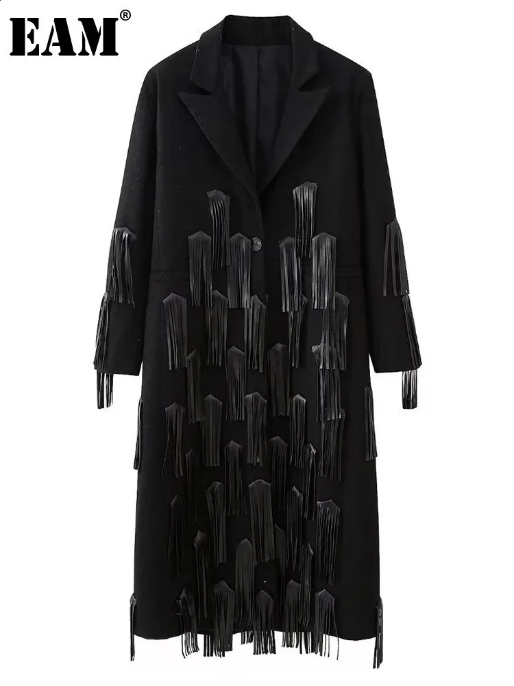 EAM Black Spliced Leather Tassel Woolen Coat Loose Fit Lapel Long Sleeve Women Jacket Fashion Autumn Winter 30A0008 240727