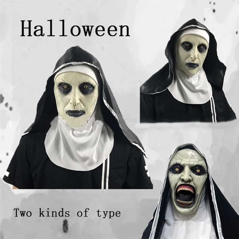 Scary Nun Mask Costume Horror Full Head Mask with Scarf Adult Creepy Costumes Party Props Plastic Ghost Latex Nun Dress Up MaskXJ240802