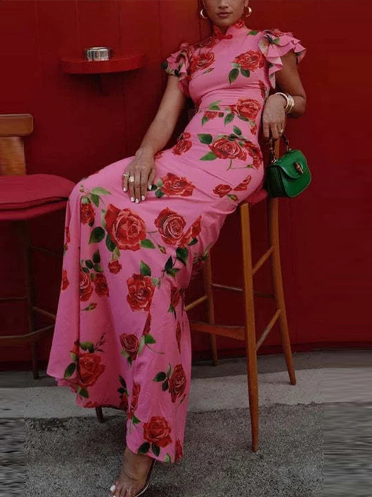 Elegant Print Party Dress Women Sexy Slim Hip Package Maxi Female Dresses Fashion Short Petal Sleeve Rose Lady Evening Robe 240801