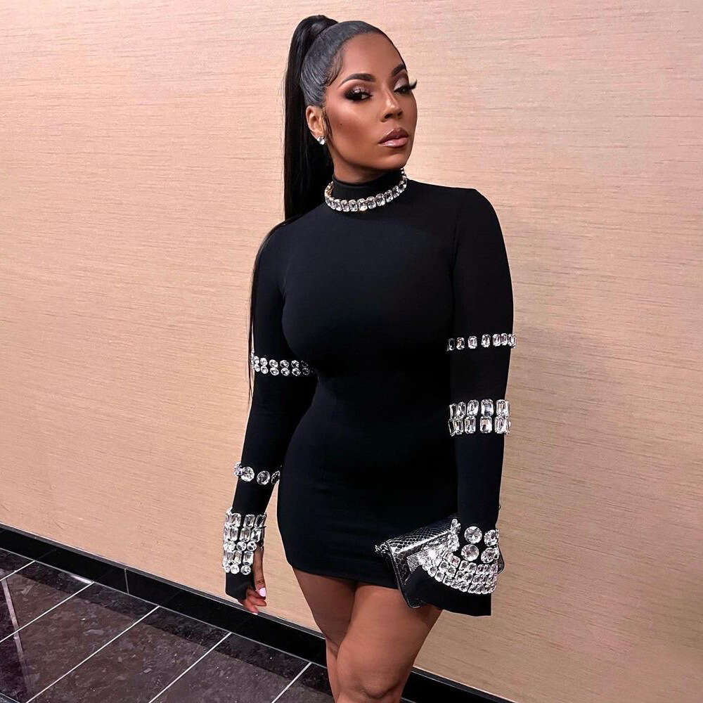 New Heavy Industry Nail Drill Long Sleeve High Neck Bandage Dress Slim Fit and Slim Look Knitted Round Neck Womens Autumn/Winter Edition