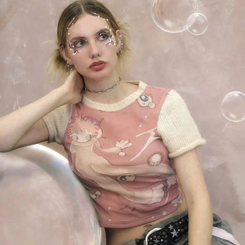 Y2k Cute Graphic Knitted Splice T-shirts Harajuku Kwaii Cartoon Skinny Crop Tops Women 90s Aesthetic Streetwear Summer 240801