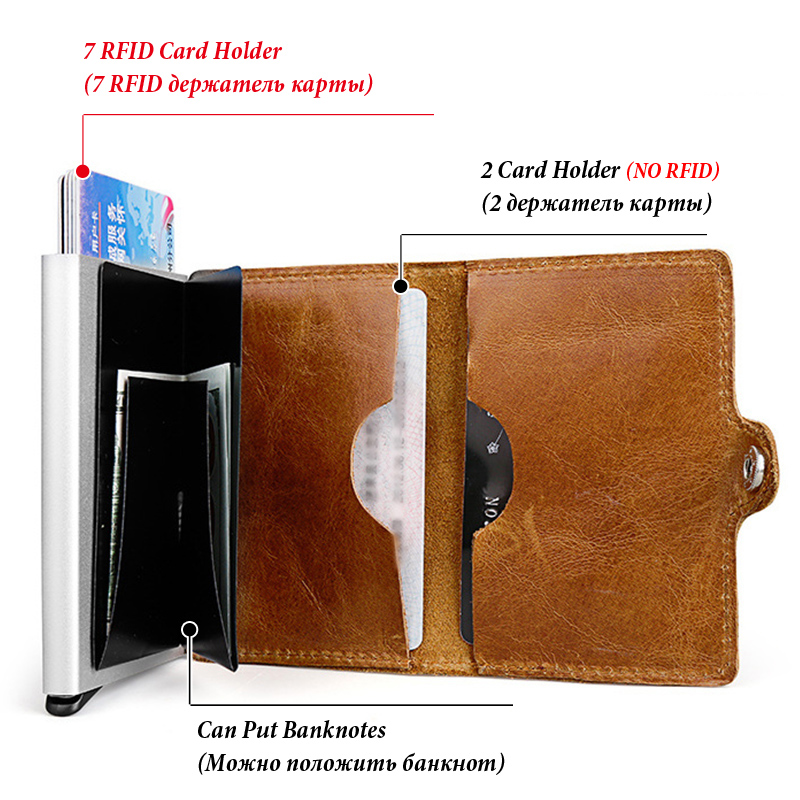 HUMERPAUL Hot Genuine Leather Credit Pop-up Card Holder Wallet Men Metal RFID Blocking Aluminium Bussiness Bank Cardholder Case