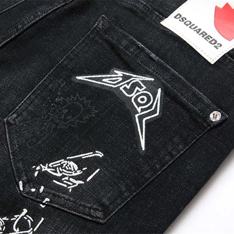 Black digital printed fashionable torn jeans with embroidered letters and rhinestones mid waist casual jeans 240829
