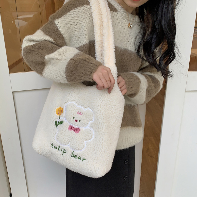 Women Plush Shoulder Bag Embroidery Warm Cloth Handbag Soft Canvas Tote Large Shopping Bag Cute Cartoon Bear Book Bags For Girls