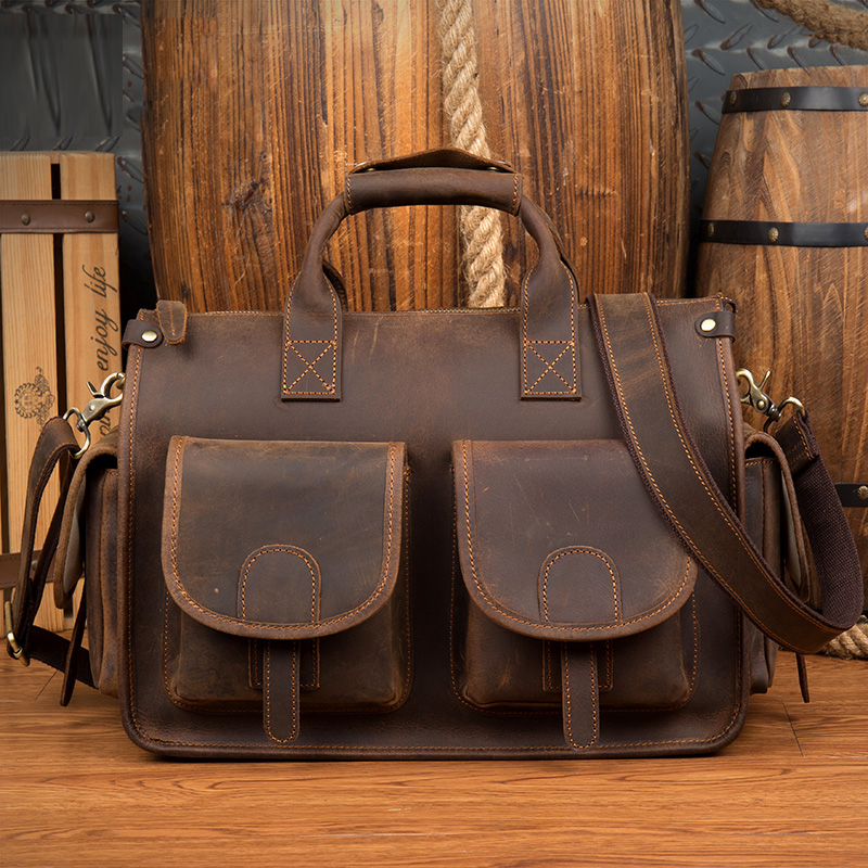 Free Shipping Men Top Grade Men's Genuine Briefcase Handbags Crazy Horse Hand Bag Thick Real Leather Shoulder Bag Designer Bag Luxury Bag Tote Ba