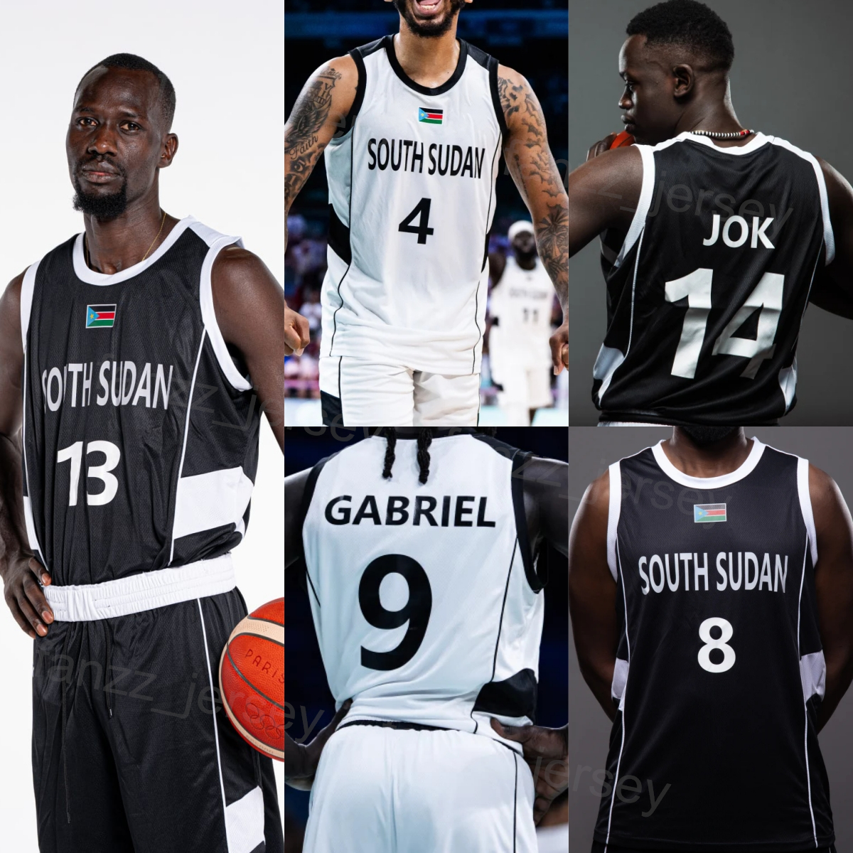 Printed South Sudan 2024 Basketball 4 Carlik Jones Jerseys Men 9 Wenyen Gabriel 13 Majok Deng 5 Nuni Omot 11 Marial Shayok 7 Bul Kuol National Team Custom Name Number
