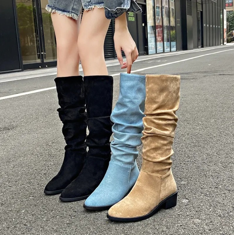 Ladies Western Boots New Platform Women's Knee High Boots Fashion Outdoor Casual Blue Cowboy Long Boots Botas De Mujer