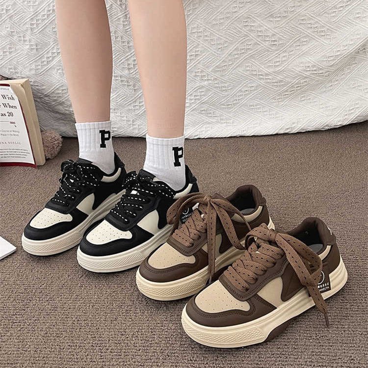 New Sneakers Muffin Thick Bottom Khaki Black White Color Matching Fashion Women's Casual Sports Shoes 2023 fedc