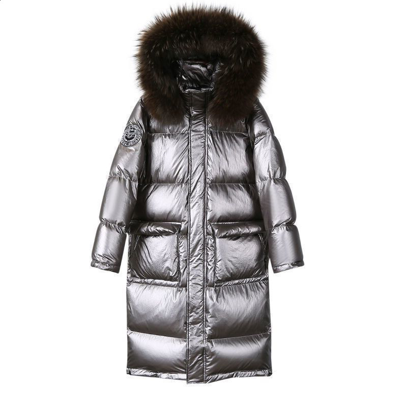 Shiny down cotton jacket for women in 2021 winter new Korean version of foreign style mid length fur collar over knee thick coat 211216