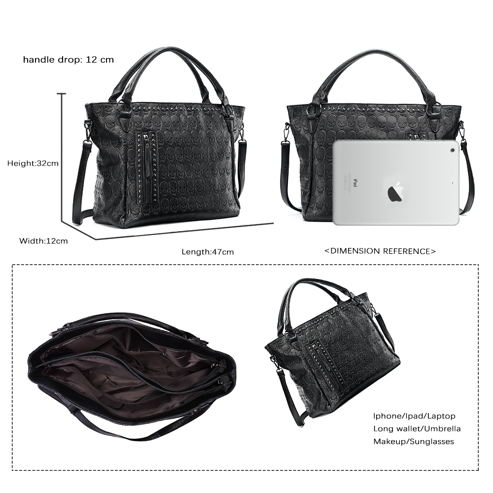 Annmouler Brand Women Large Capacity Bags Pu Leather Black Handbag Punk Skull Tote Bag Dress Tote Bag 2022 New Crossbody Bags