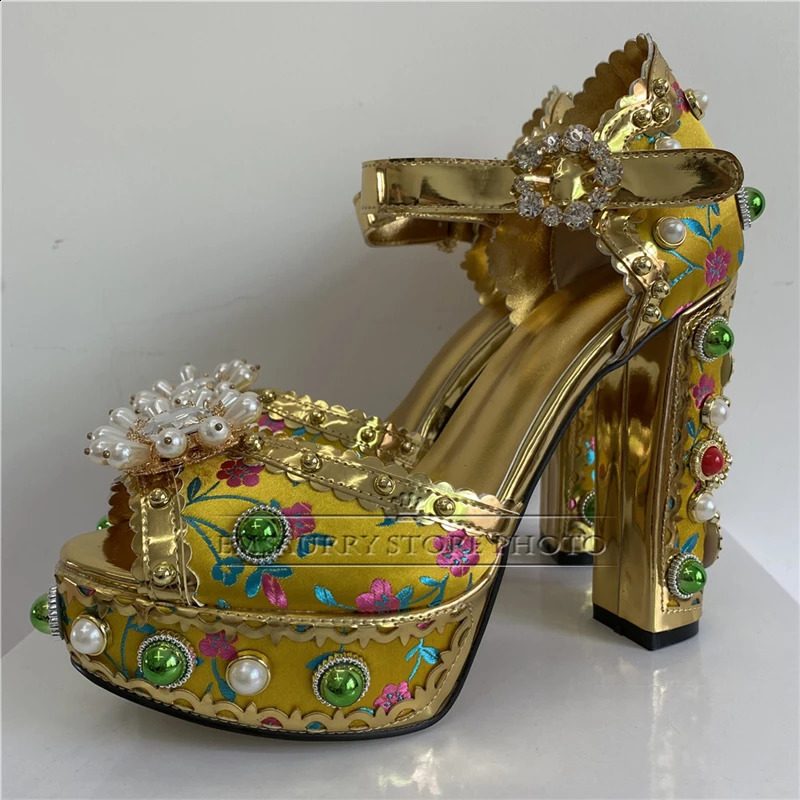 High quality embroidered satin party shoes summer pearl thick high heels rhinestone platform sandals for women 240731