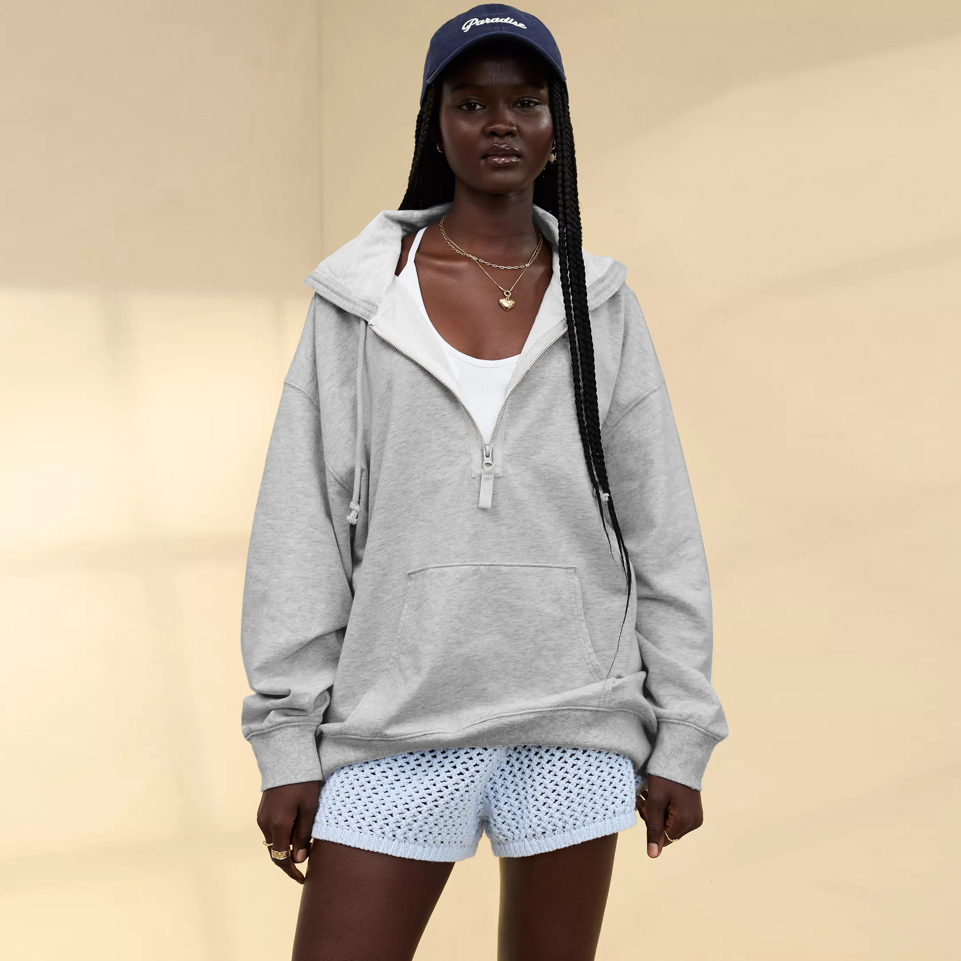 Women's loose long sleeved casual hooded zipper sweatshirt, versatile fashionable solid color top for autumn and winter