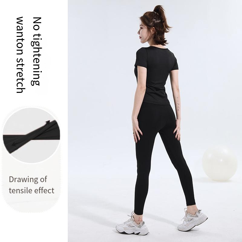 V-neck short-sleeved T-shirt quick dry naked seamless yoga clothes fold waist slimming bodyfitting sports fitness top women