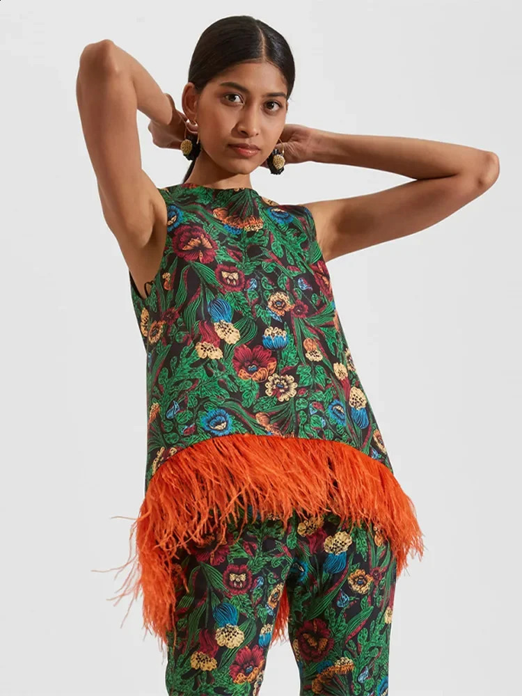 Printed feather splicing fashion twopiece set for womens sleeveless Oneck top high waisted pants casual ethnic tribe 240814