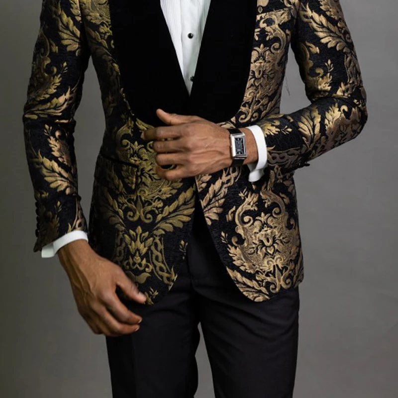 Floral Jacquard Blazer for Men African Fashion Slim Fit Male Suit Jacket with Velvet Shawl Lapel for Wedding Prom Groom Tuxedo Jacket