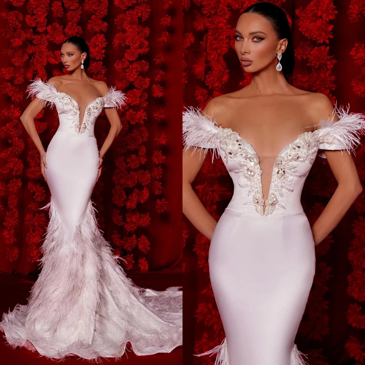 Designer Mermaid Wedding Dresses Sweetheart Neck Off Shoulder Bridal Gown Feather Appliques Pearls Sweep Train Dress Custom Made