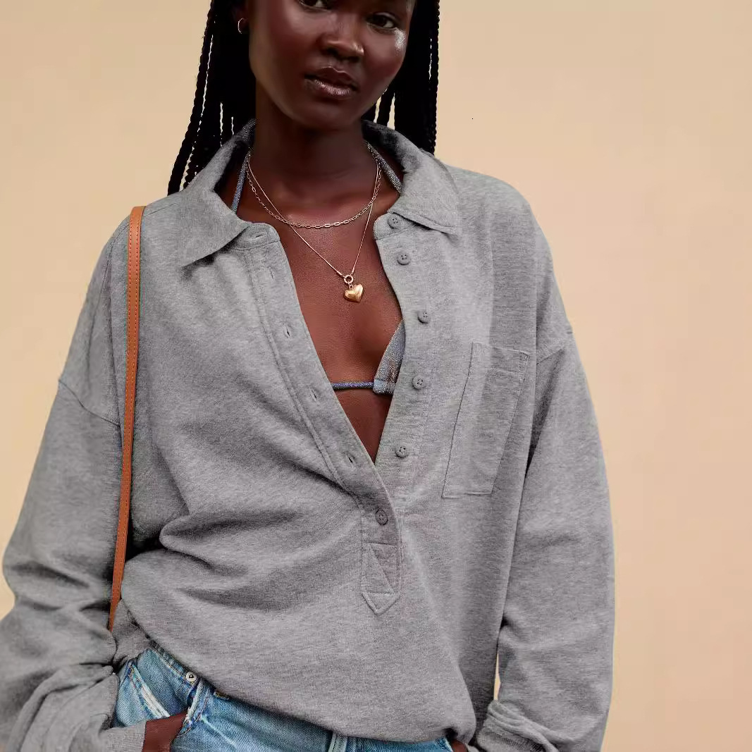 New fashionable and versatile women's loose POLO collar button casual long sleeved design with a sense of slit sweatshirt F8.2#52