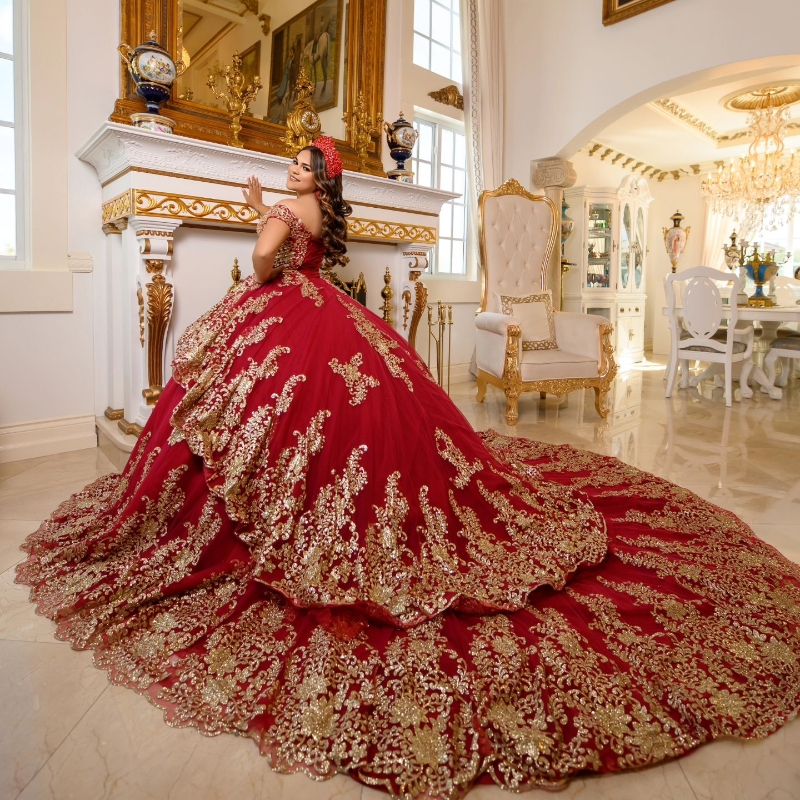 Red Quinceanera Off The Shoulder Sequins Gold Lace Appliques Pearl Ruffles Sweet 16 Dress Vestidos 15 De