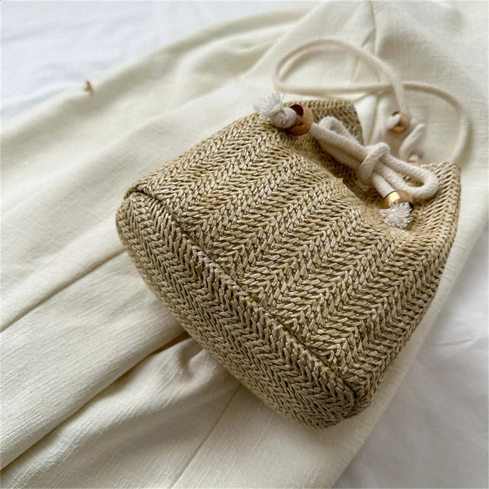 Fashion Womens Soft Woven Cross Body Bag Drawstring Straw Shoulder Bags Ladies Summer Travel Leisure Beach Handbag 2024 240919