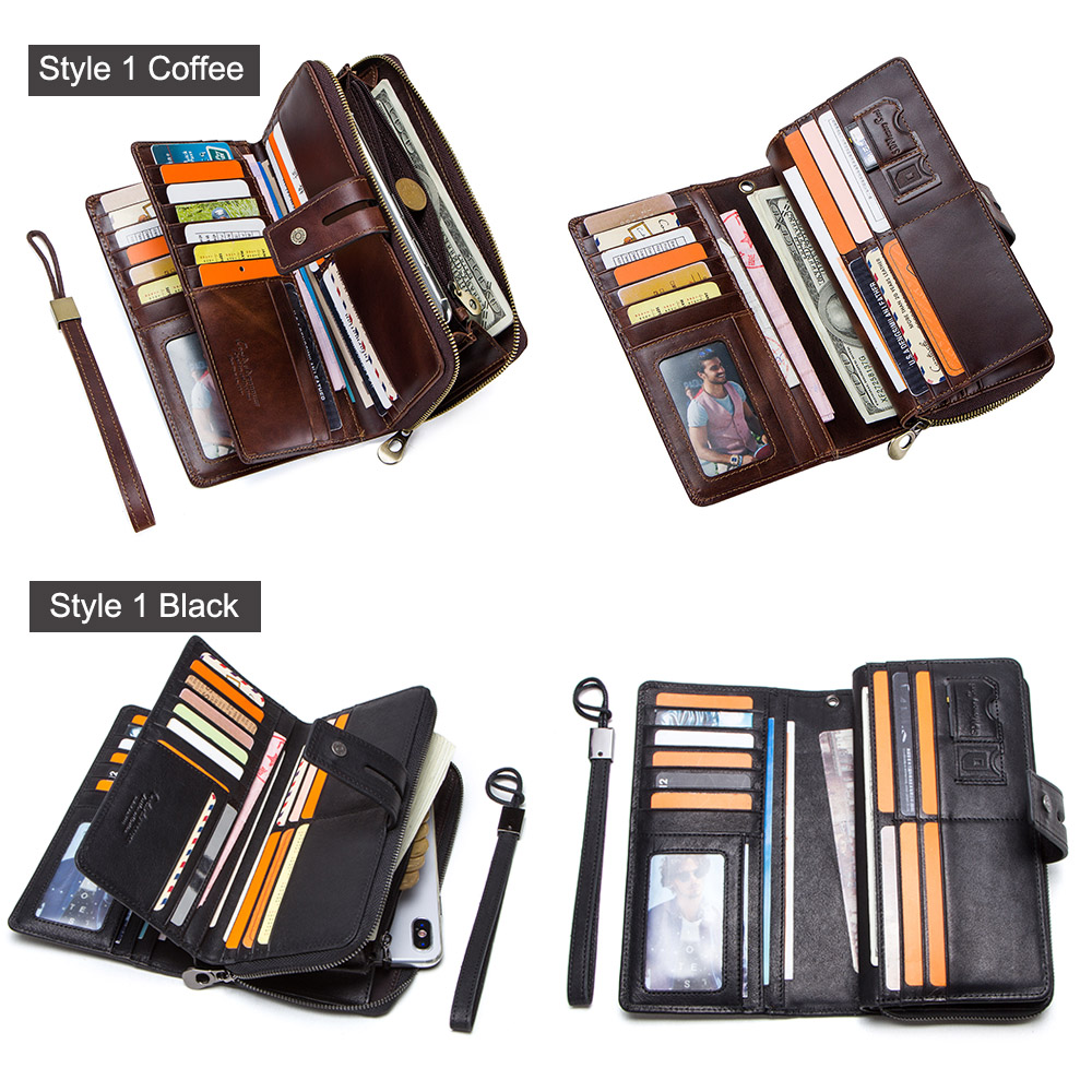 CONTACT'S Crazy Horse Leather Men's Wallet Long Clutch Card Holders For Men Cowhide Purse Wallet With Phone Holder Carteira Male