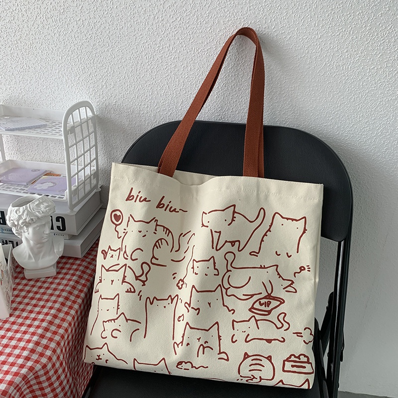 Canvas Bags Handbag for Women Shopper Cute Cat Tote Bag with Zipper Designer Bag Japanese Style Cartoon Small Shoulder Bags