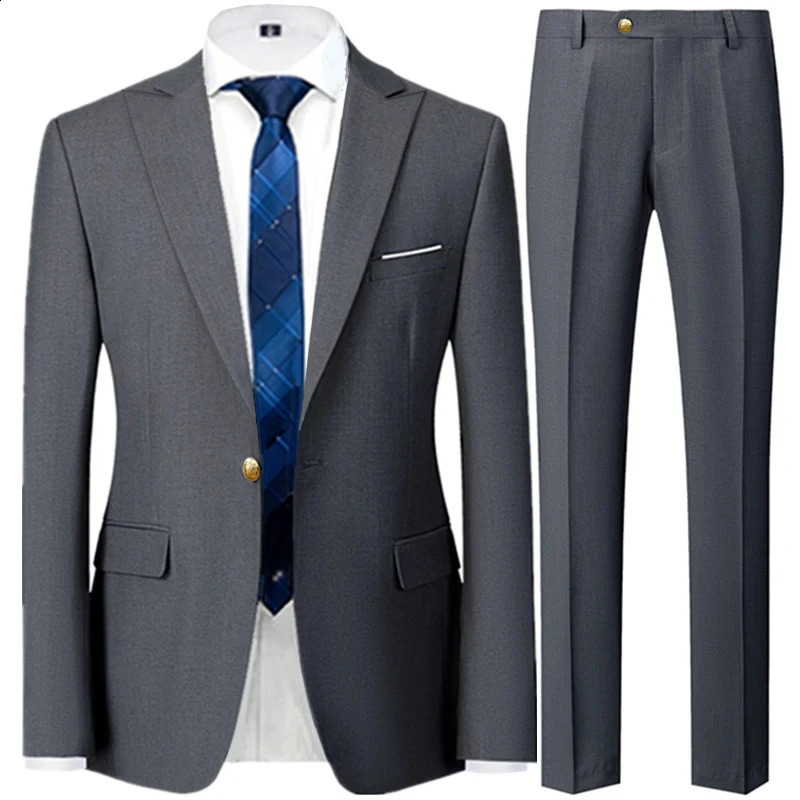 Fashion Mens Casual Business Suit Coat Trousers 2 Pieces Set / Male Solid Color Wedding Two Button Blazers Jacket Dress Pants 240802
