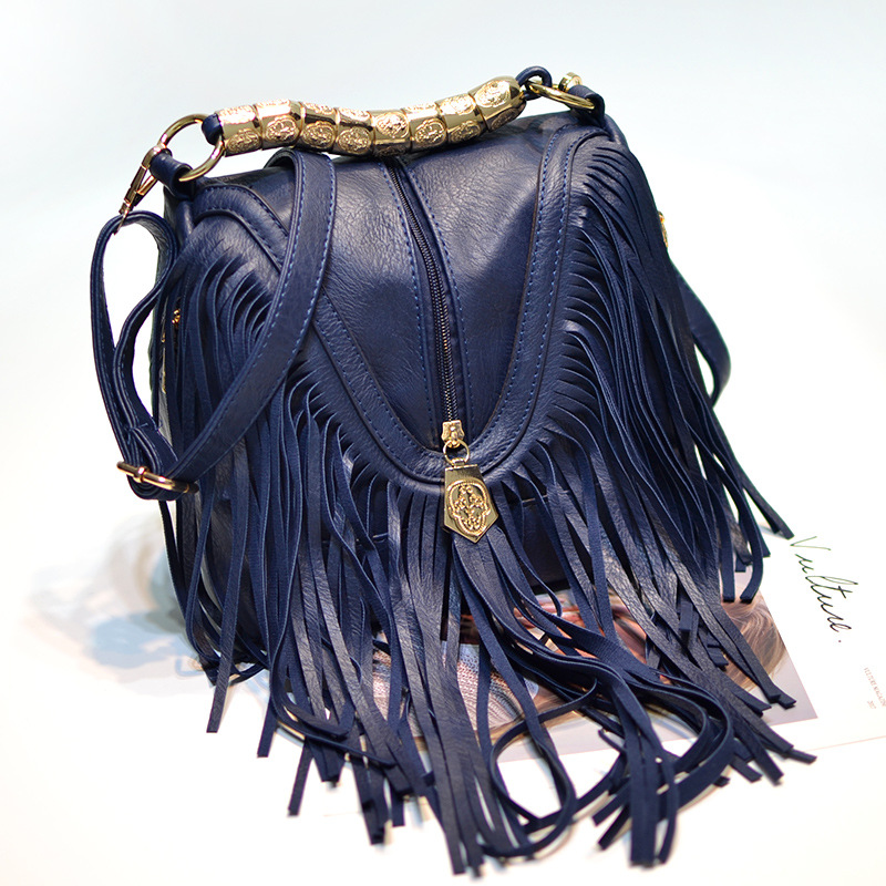 Celela 2023 Retro Fashion PU Leather Bucket Bag Large Tassel Bag Ladies Handbag Shoulder Messenger Bag Female Bag Oval Bag