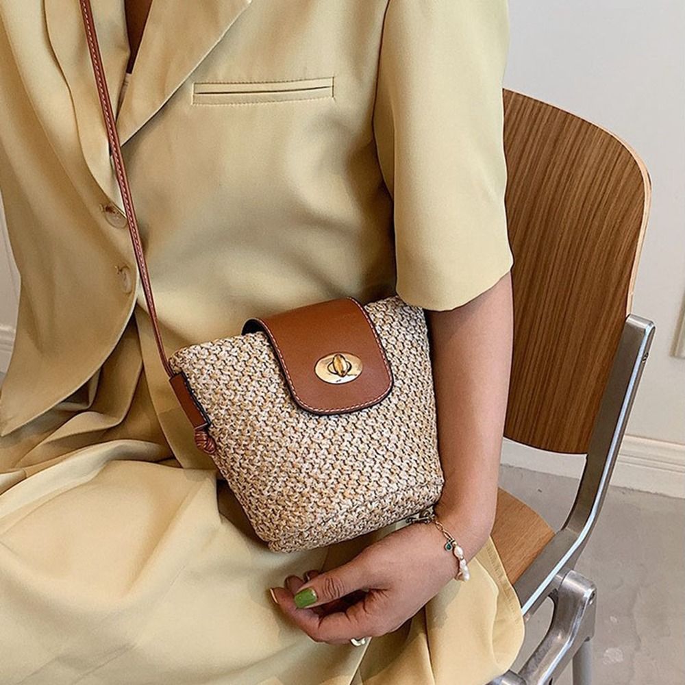 Mini Weave Straw Bag Bucket Bag for Women's Travel Vacation Beach Shoulder Bag Small Crossbody Bag Cute Sweet Style Handbag
