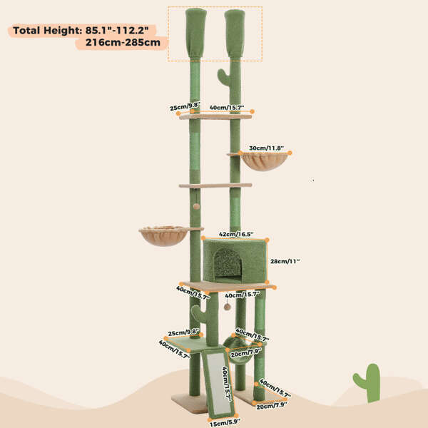 Cactus tree or standing tower, adjustable height (85-112 inches), 7-story climbing activity center, equipped with comfortable hammoc, 5 platforms, and