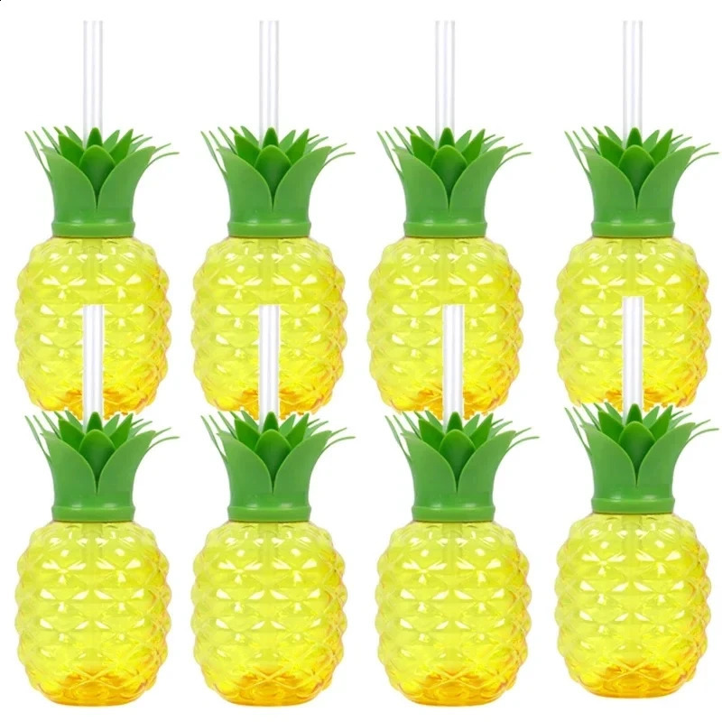 10pcs Plastic Strawberry Pineapple Drinking Cup with Straw Hawaii Party Decoration Luau Flamingo Summer Beach Pool Party Decor 240802