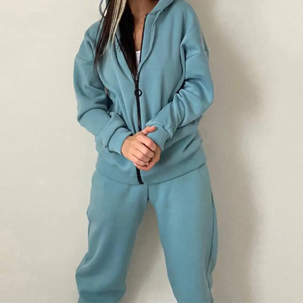 2 piecesset womens outerwear pants set loose hoodie solid color long sleeved cardigan wool sweater warm casual sportswear tight fitting jumpsuit 24082