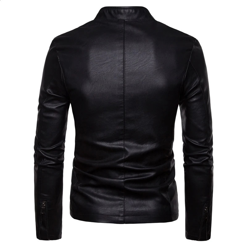 Autumn Winter Solid Color Fashion Long Sleeve Faux Leather Man High Street Round Neck Zipper Pockets All-match Coat 240822