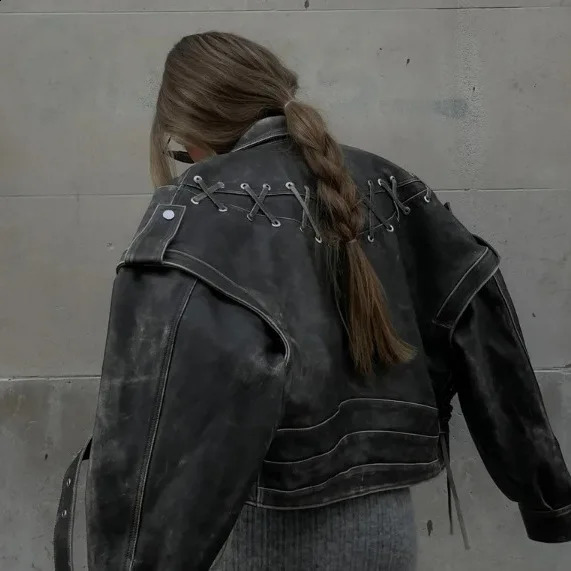 Black Vintage Woven Leather Jacket Womens Fall Biker Jacket Streetwear Harajuku Y2K Loose Versatile Womens Jacket 240802