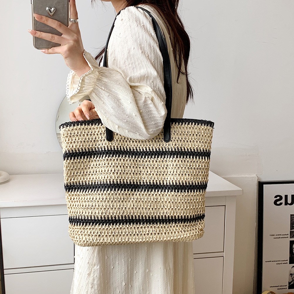 Summer Straw Shoulder Bags for Women Striped Woven Seaside Beach bag Vacation Shopping Bags Casual Female Shoulder Handbags Tote