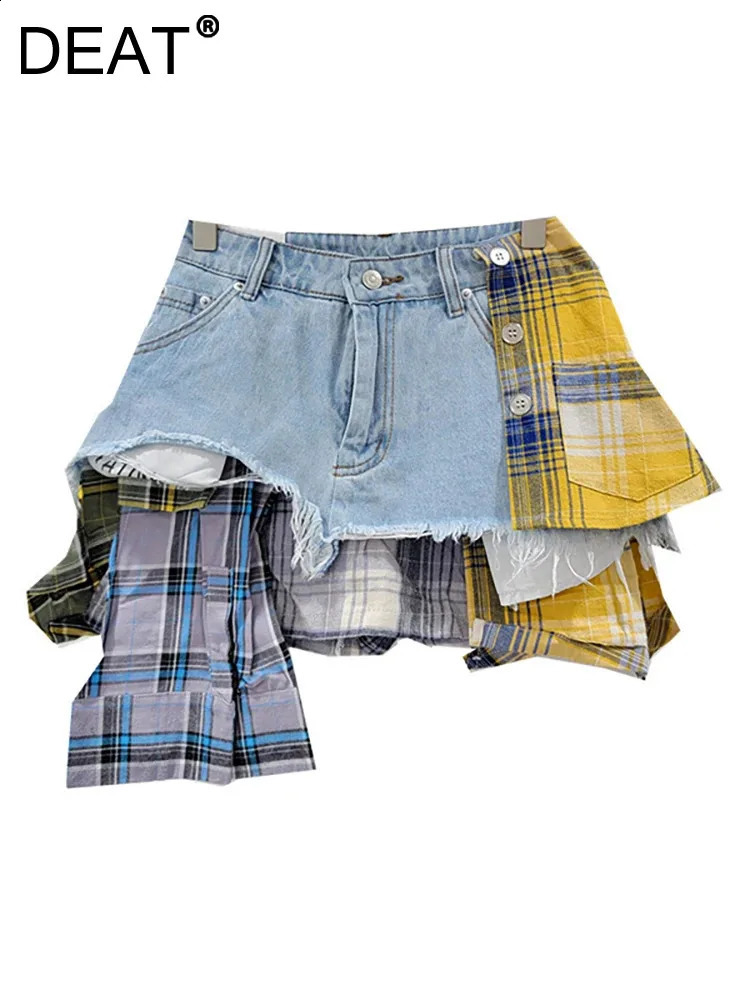 DEAT Womens Denim Leather Colorful Checkered Splicing Work Irregular Deconstruction Aline High Waist Mini Skirt 2024 Summer Fashion 240729