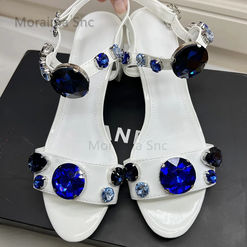 Diamond blue and white sandals womens summer 2024 Bohemian Rhinestone gemstone single strap block high-heeled sandals womens shoes 240731bj
