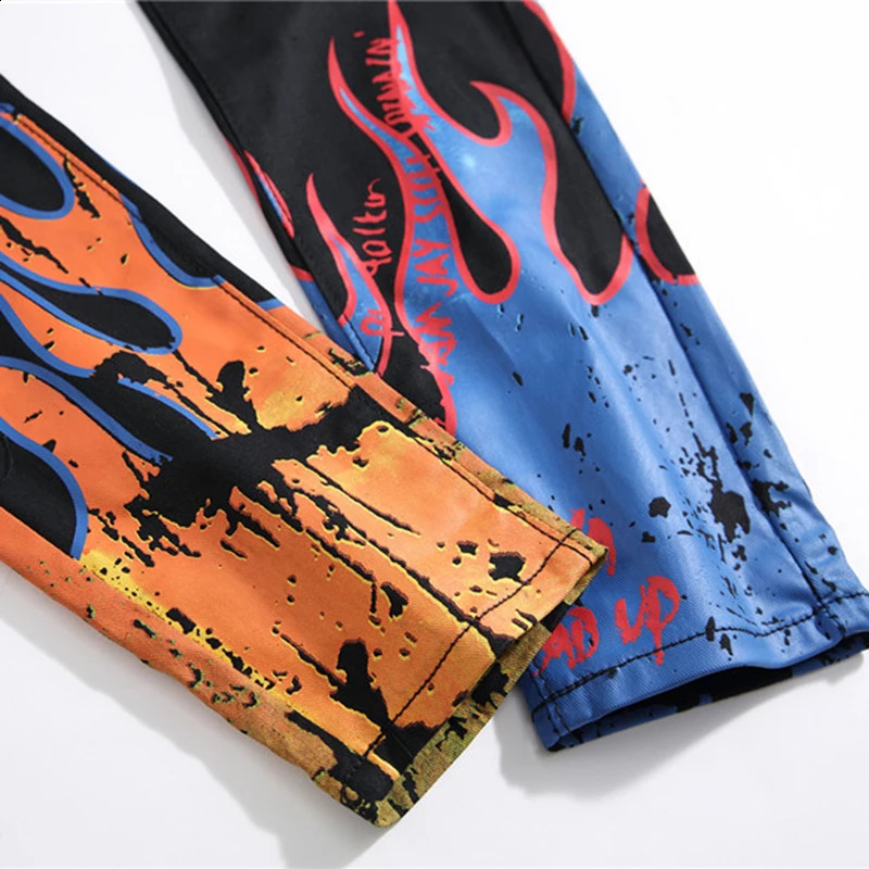 Sokotou mens fashion letter flame black printed jeans ultra-thin straight color painted pants 240829