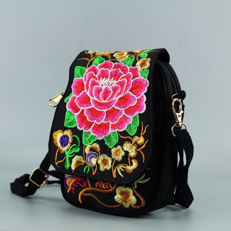 Women Shoulder Bag Travel Pouch Vintage Floral Embroidered Crossbody Zip Bag Embroidered Mobile Phone Bag