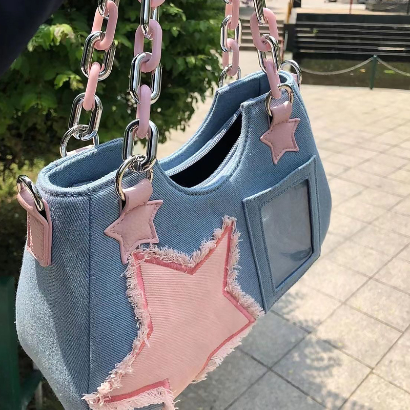 Korean Fashion Shoulder Underarm Harajuku Star Tote Denim Bag Chain Ladies Bags Zip Purses Handbags Women 2024 Luxury Square Bag