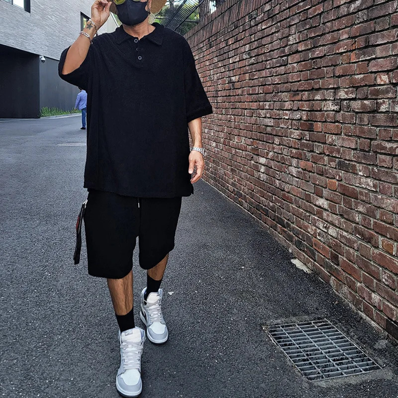 2024 Mens Fashion Trend Versatile Summer Short sleeved T Polo Shirt Shorts Loose Towel Cloth Casual Set Wholesale y240812